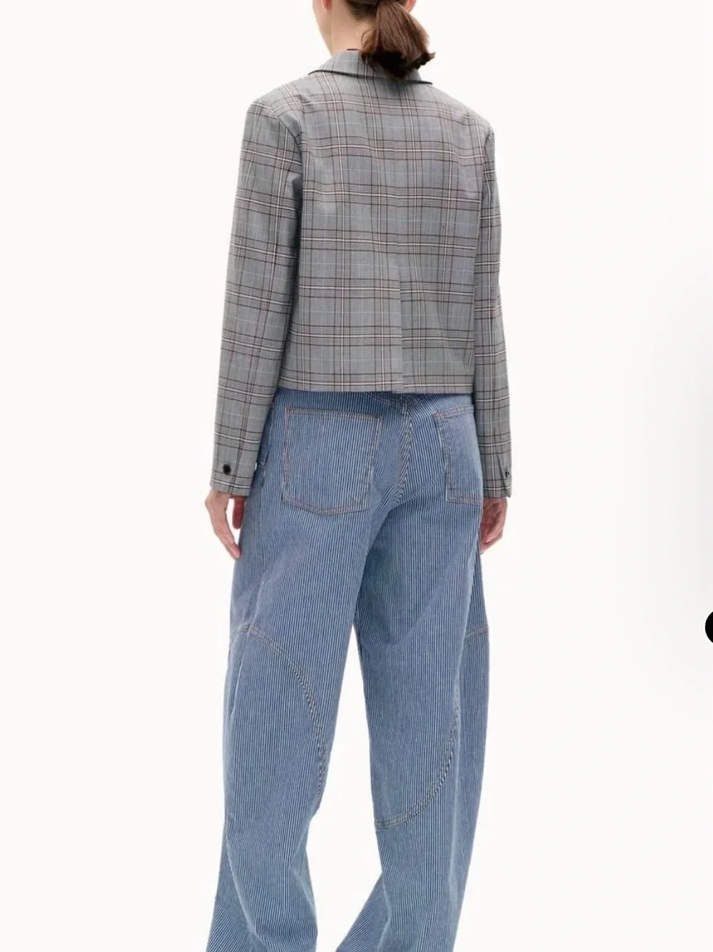 Baum und pferdgarten Cropped Gray Plaid Blazer with Brown Satin Bow Accent